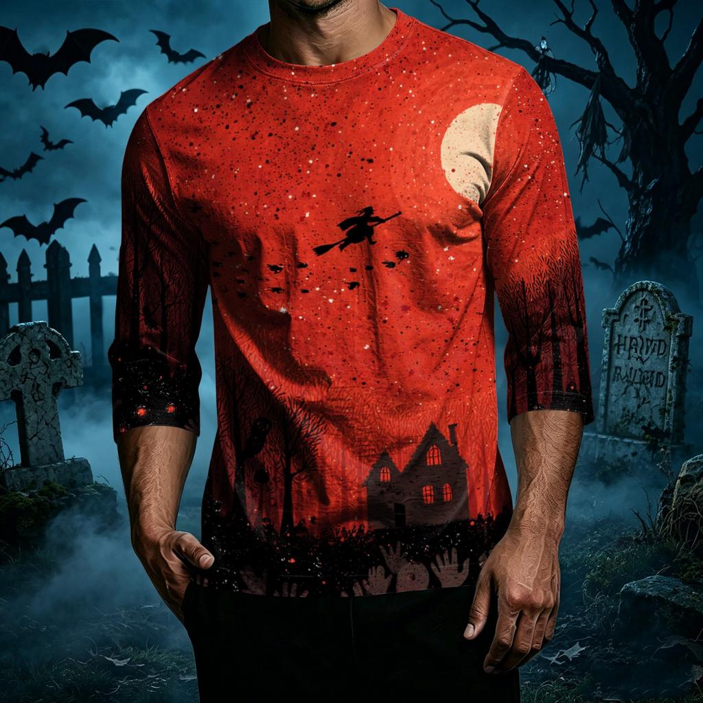 Men's Casual Halloween Print Crew Neck T Shirt Three Quarter Sleeve Top Comfortable Fit Lightweight Fabric Stylish Design