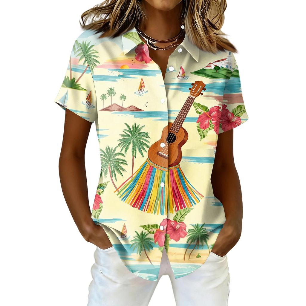 Women's Shirt Hawaiian Print Button Short Sleeved Pocket Casual Top