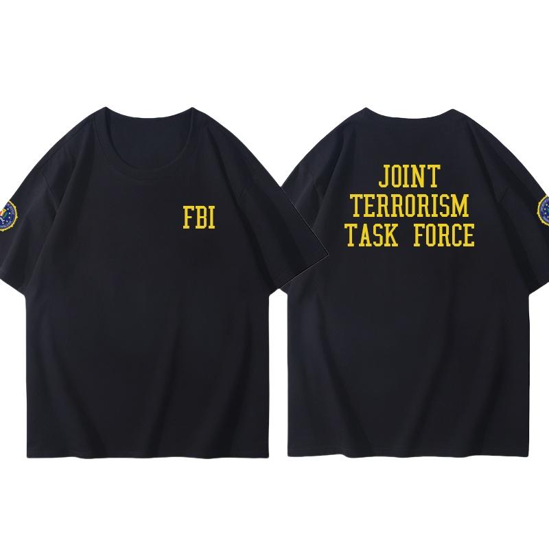 25 Plus Size Cotton Fbi Letter Printed T-shirt Military Style Cotton Jacket Short Sleeved Half Sleeved Casual Round Neck T-shirt