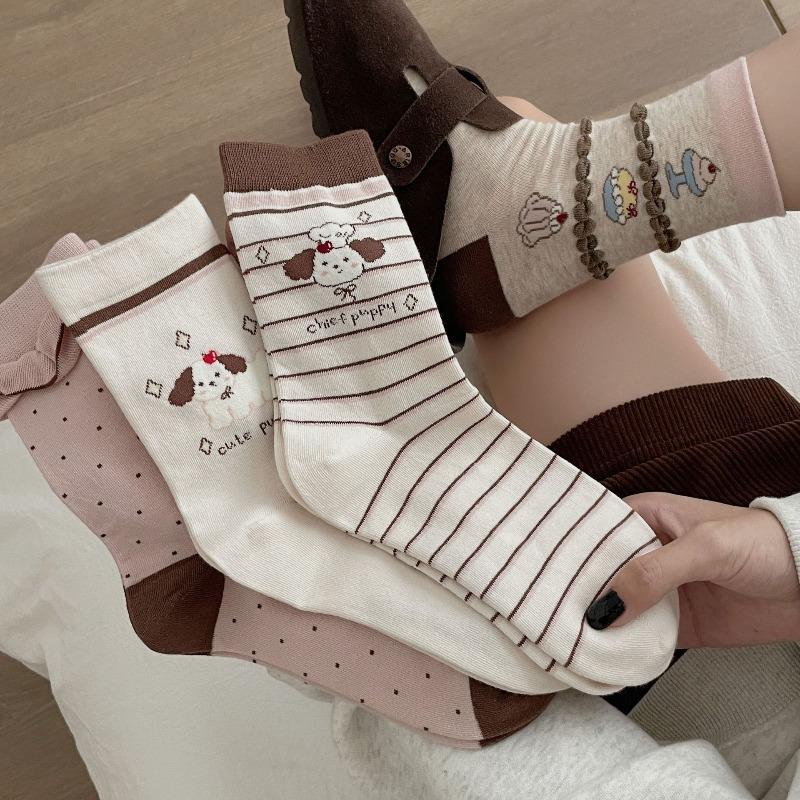 Autumn and Winter Trendy Color-blocking Women's Mid-calf Socks, Cute Cartoon Puppy Socks, Pure Cotton Versatile Lace Women's Socks