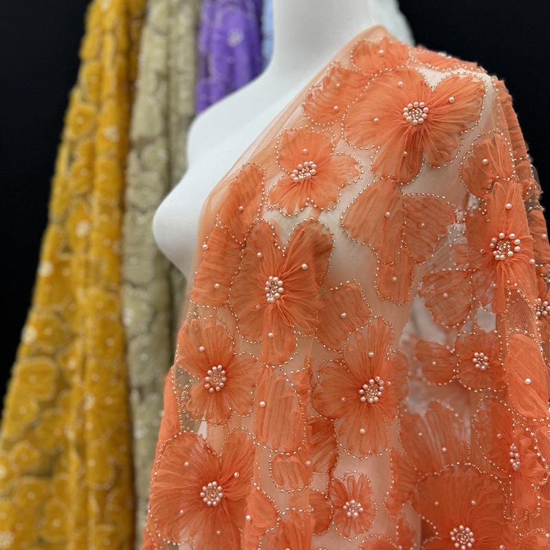 

3D Texture Mesh Flowers Beaded Sequin Fabric For Sewing Wedding Dress Luxury Embroidery Floral Lace Fabric Diy Crafts 1Yard