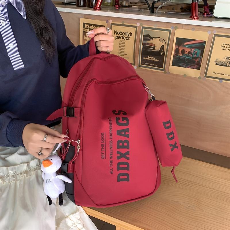 Men Lightweight Backpack Letter Print Student Schoolbag Women Large Capacity Campus Backpack with Pen Bag