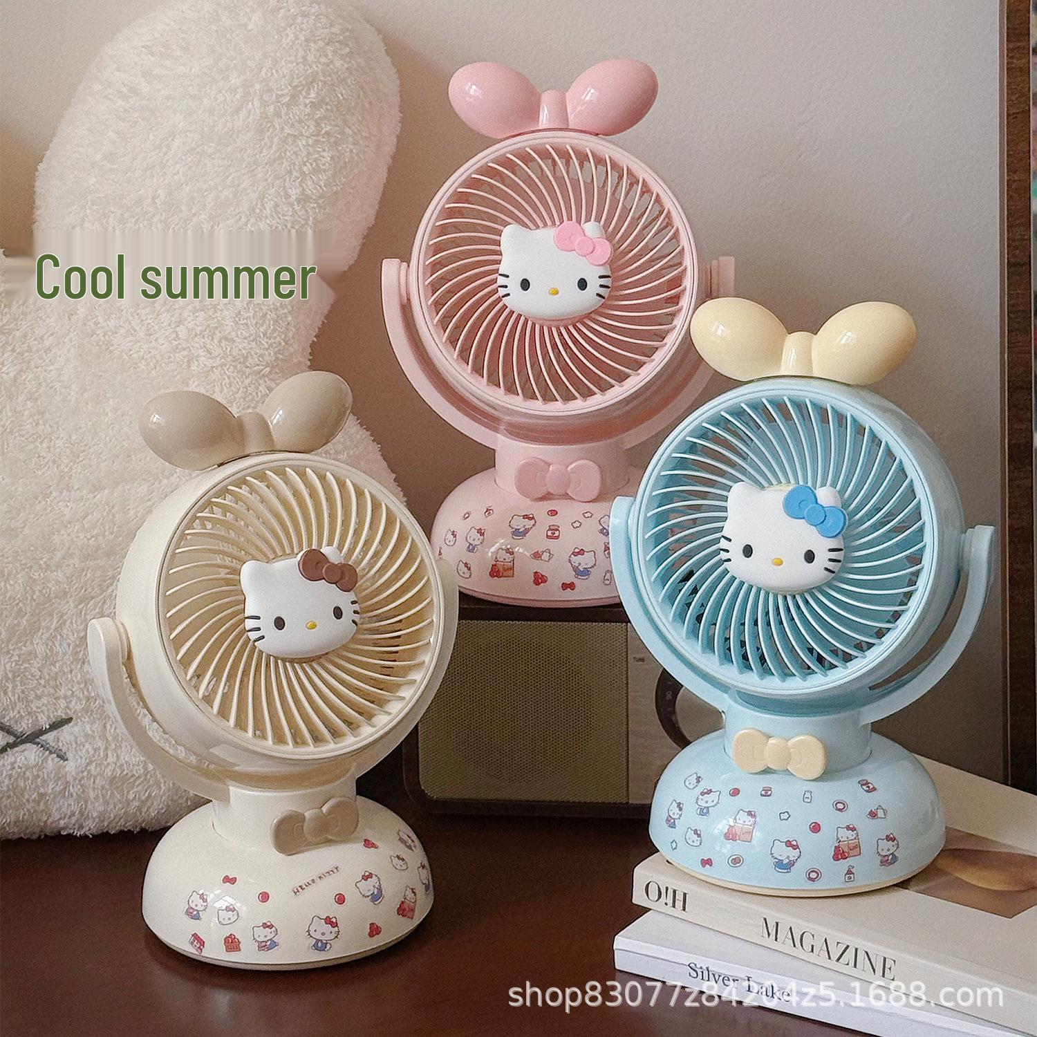 

USB Rechargeable Cute Kitty Mini Fan for Students, Dorms, Offices & Desktops Blue Bow Night Lamp Fan + Kitty Stickers