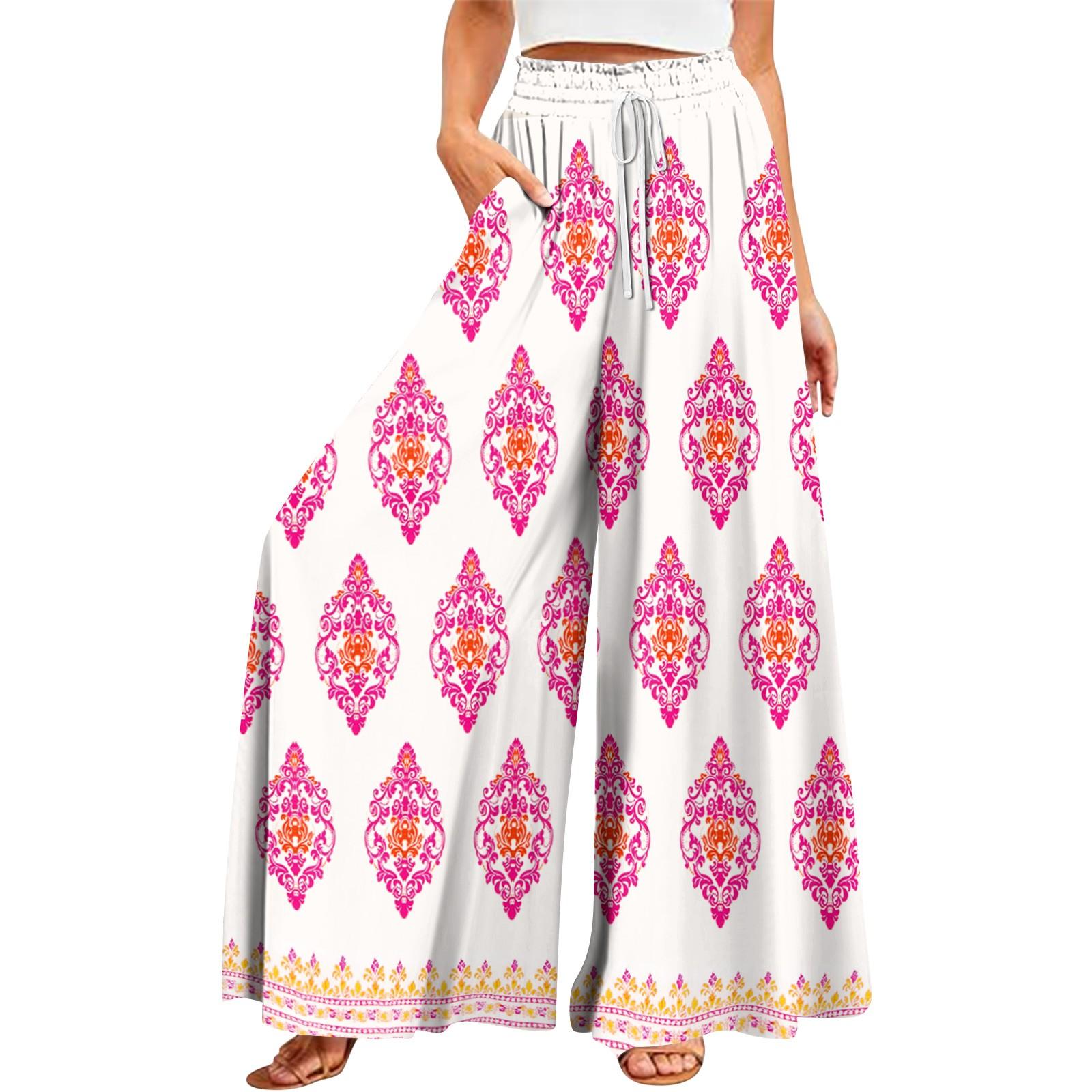 

Женские летние широкие брюки с высокой талией и струящимися карманами, модные повседневные повседневные пляжные брюки в богемном стиле с принтом M розовый