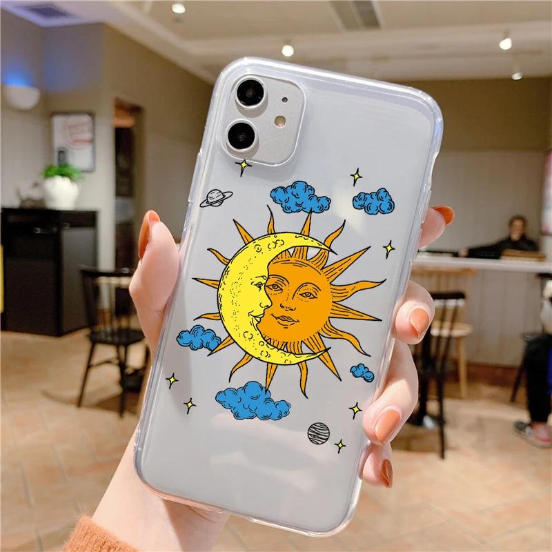 Funny Sun Moon Face Shockproof Phone Case For iPhone 15 14 11 12 13 Pro MAX Mini XS XR SE 14 Plus Fundas Transparent Back Covers