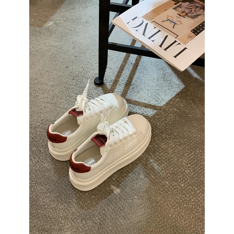 Cowhide version~ Classic round head thick sole heightening lace-up little white shoes college style versatile board shoes women