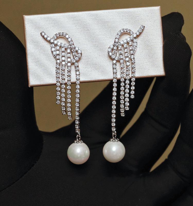 2025 Light Luxury Silver Needle Diamond Flower Tassel Earrings - Elegant European & American Style for Women