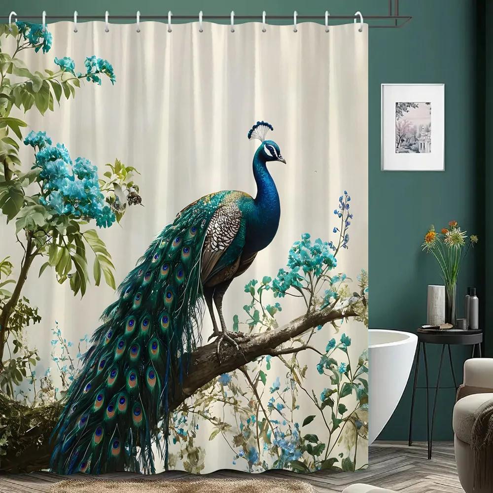 Beautiful Peacock Shower Curtain Blooming Flower Botanical Watercolour Artistic Creation Polyester Shower Curtain Bathroom Dec