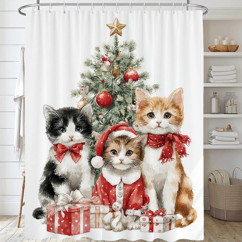 Christmas Shower Curtain,Winter Christmas Shower Curtains for Bathroom,Cute Christmas Cat Shower Curtain,with Hooks