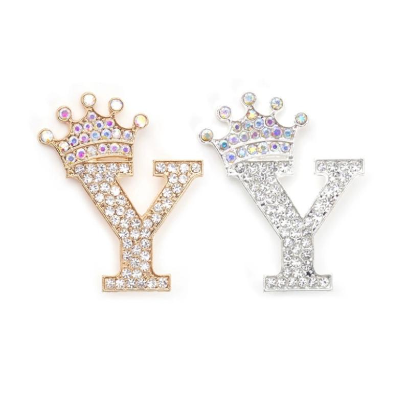 Fashion Crown 26 Initial Letters A To Z Rhinestone Brooches For Women Coat Dress Lapel Collar Pin Jewelry Accessries