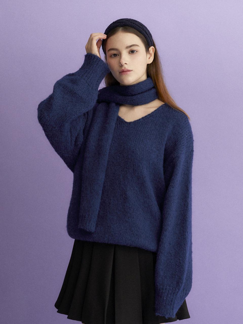 Cool Kitten V-Neck Pullover Oversized Knit Scarf Set (Navy) Free