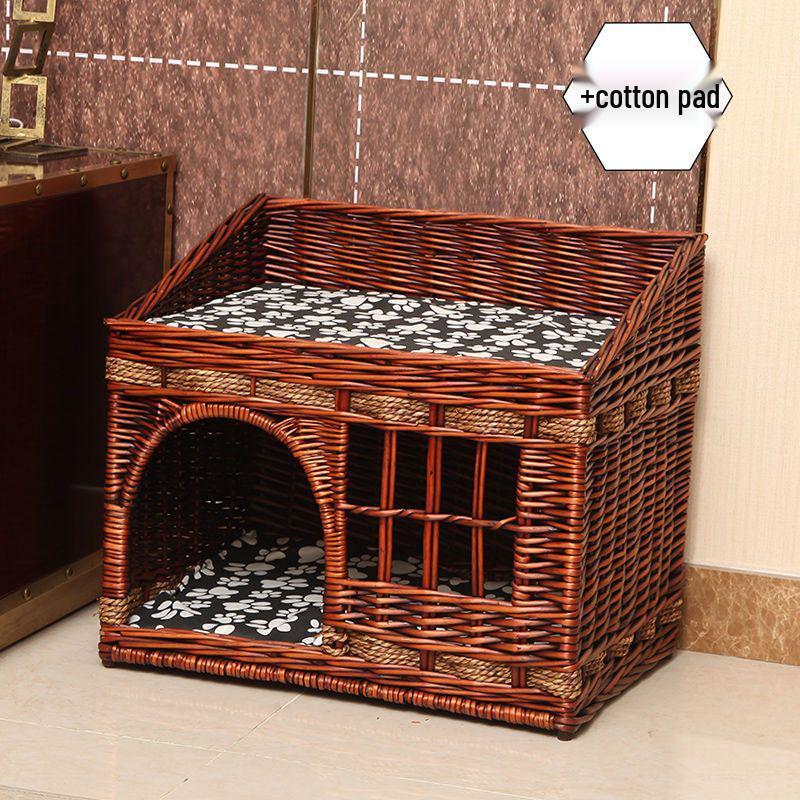 Four Seasons Universal Cat House – Enclosed Rattan Weaving Villa for Cats