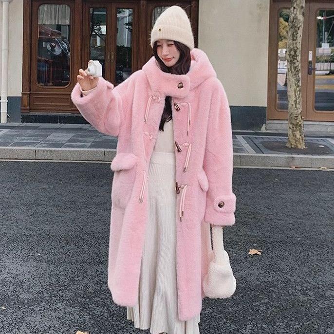 Zimní kabát z jehněčí kožešiny pro ženy s kapucí, dlouhá bunda z umělé kožešiny, teplé zahuštěné plyšové svrchní oblečení, roztomilý styl
