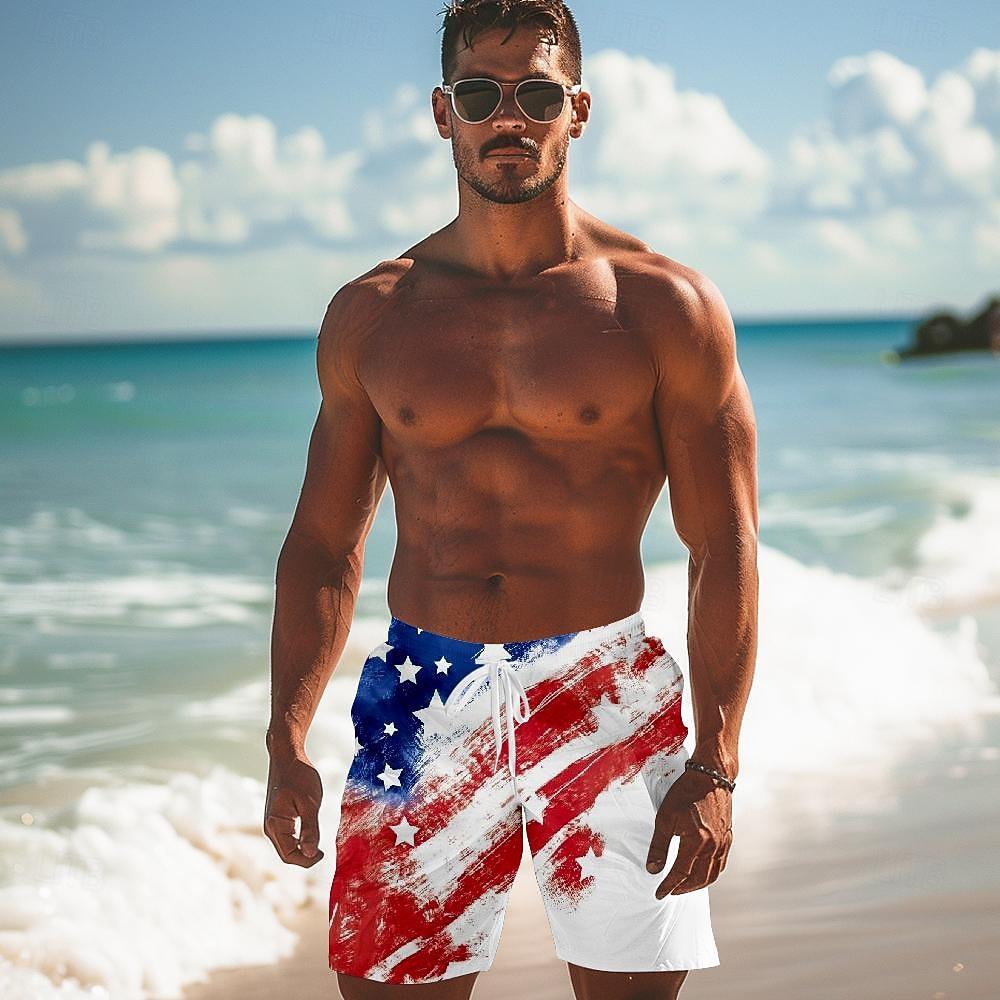 Men's Flag 4th of July U.S. 250th Anniversary American Flag Board Shorts Swimming Trunks Shorts Mid Waist Fashion