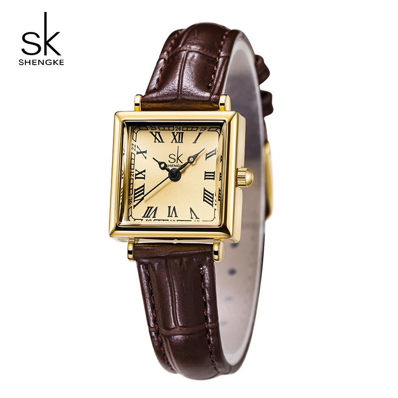 SK Women's Waterproof Quartz Leather Strap Watch - Retro Square Design for Students and Parties