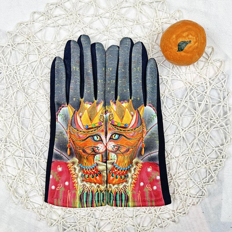 Fashion 3D Oil Painting Gloves Women'S Suede Fleece Thickened Touch Screen Thermal Gloves