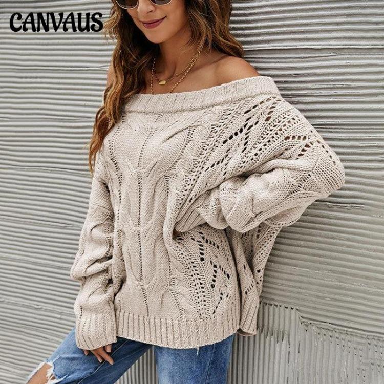 Autumn Winter Plus Size Women Strapless Loose Knit Sweater One Neck Solid Color Pullover Europe USA Style