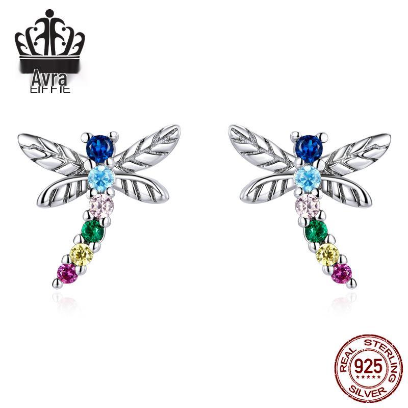 

Colorful Dragonfly Sterling Silver Stud Earrings with Zircon Inlay 925 Silver