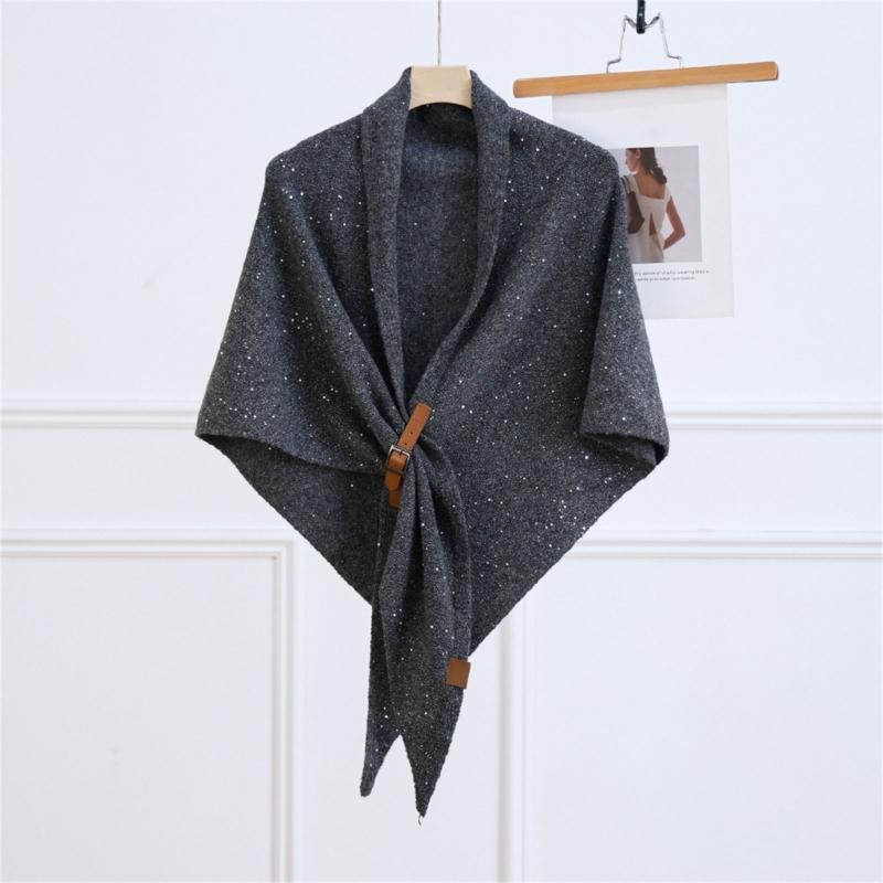 Solid Color Wool Blend Triangular Stole With Leather Clasp Warm Soft Scarf Wrap For Women Lady Winter Autumn Accessory