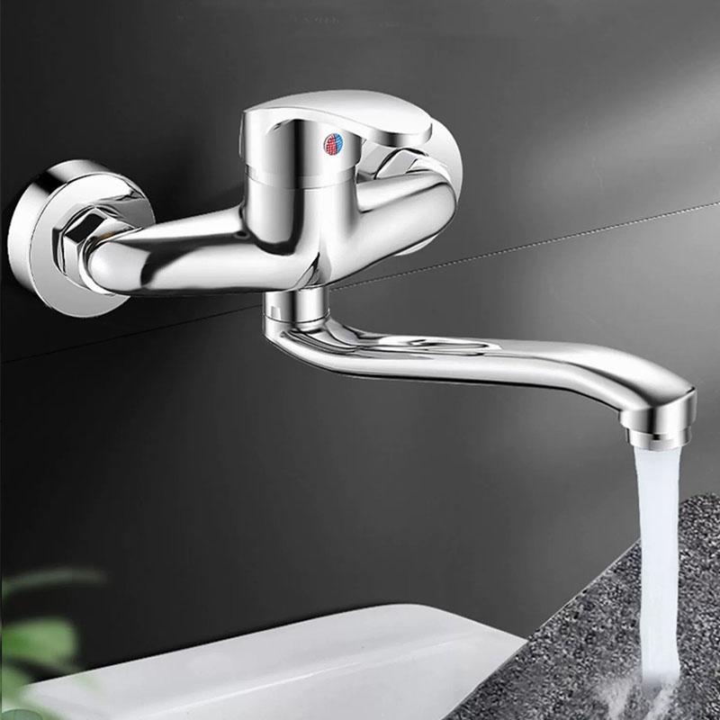 Wall-Mounted Double Holes Basin Faucet Cold Water Mixer Tap Single Handle Wash Chrome Finish Bathroom Mixer Taps