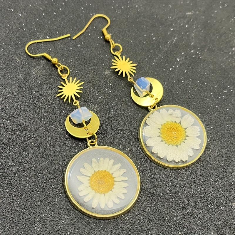 Soare auriu, lună, cu imprimeu de flori de margarete, cercei suspendați, drăguț, stil elegant, bijuterii din aliaj, cadou pentru femei la modă