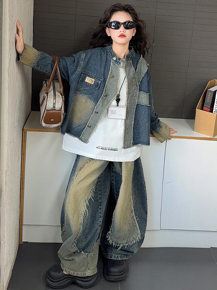 2025 Girls' Autumn Streetwear Outfit: Distressed Denim Jacket & Scimitar Pants Set