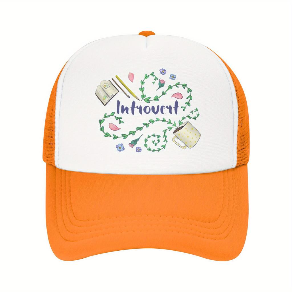 Introvert Floral Design Trucker Hat Polyester Mesh Baseball Cap Casual Unisex Adjustable Headwear