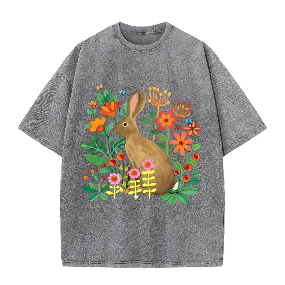 2026 Vintage Floral Wild Rabbit Butterfly Graphic Beige Washed T Shirt Countryside Garden Cute Animal Casual Oversized Unisex Sh