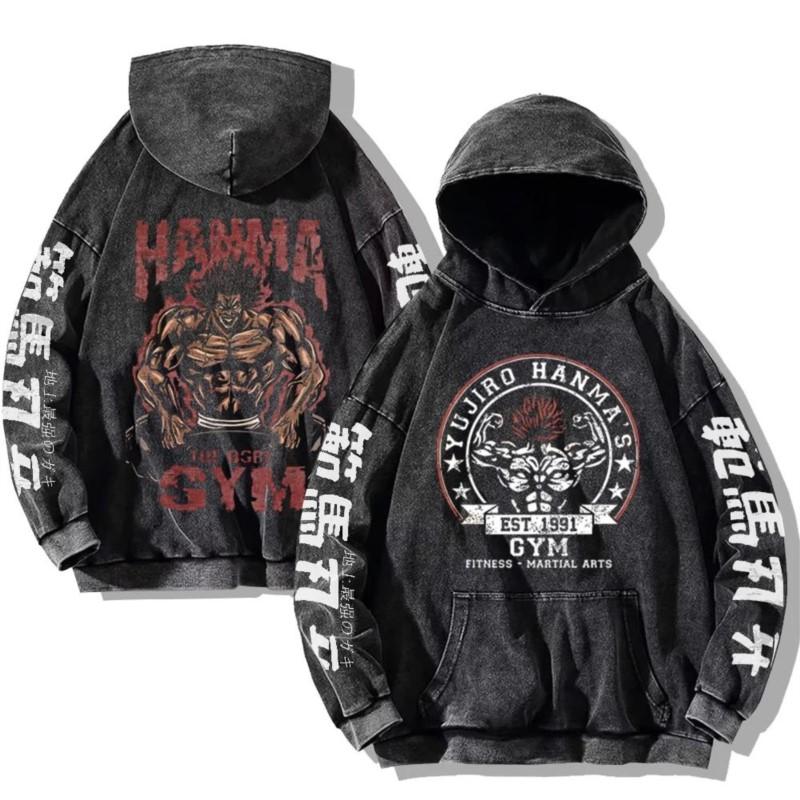 Baki Hanma Anime Print Hooded Men Women Vintage Trendy Hoodies Plus Size Washed Cotton Sweatshirt Harajuku Unisex Streetwear