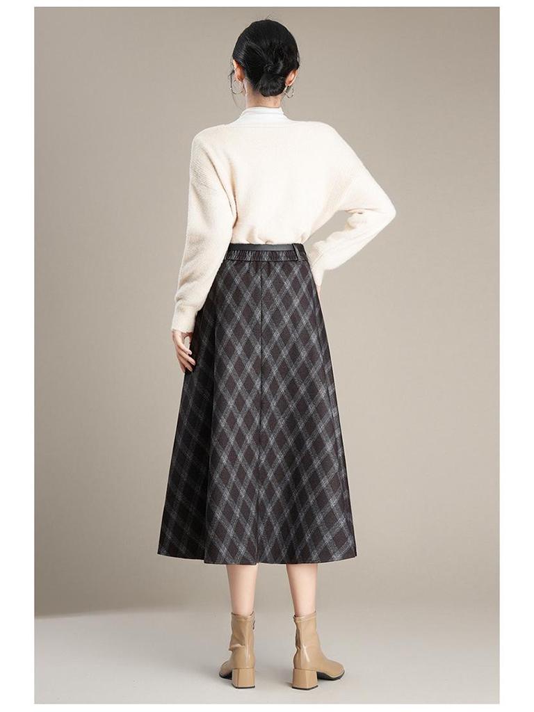 Women's High-Waist Woolen Plaid A-Line Skirt - Autumn/Winter 2025 Collection