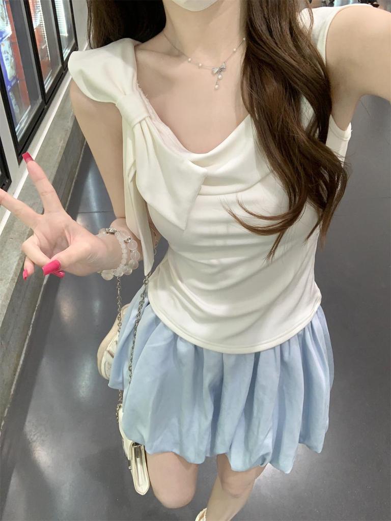 Korean Style Women's Ruffle Off-Shoulder Bow Cotton Top