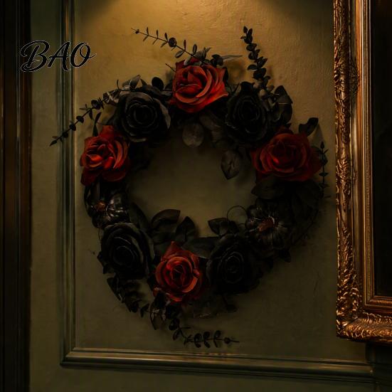 Halloween Garland Decoration Wreath for Front Door, Artificial Fall Maple Leaf Rose Pumpkin Seasonal Porch Hanging Piece Wreath, Autumn Harvest