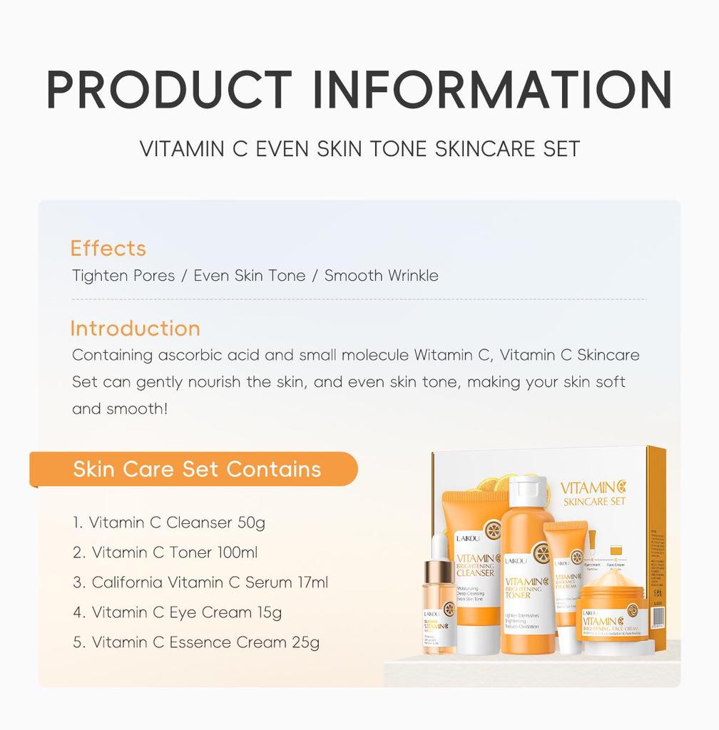 Laikou Vitamin C Skincare Set: Cleanser, Toner, Serum, Eye Cream, Essence Cream.