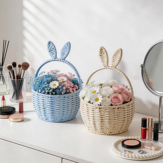 Flower Arrangement Basket, with Built-in Waterproof Lining Design, Weaving Cute Bunny Ear Handle Floral Basket for Wedding Camping
