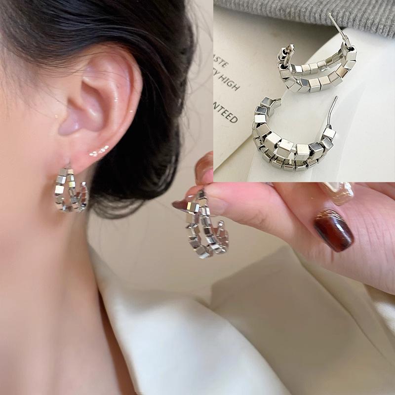 925 Silver Geometry Stud Earrings For Women Frosted Versatile Jewelry Gift Office Party Wear