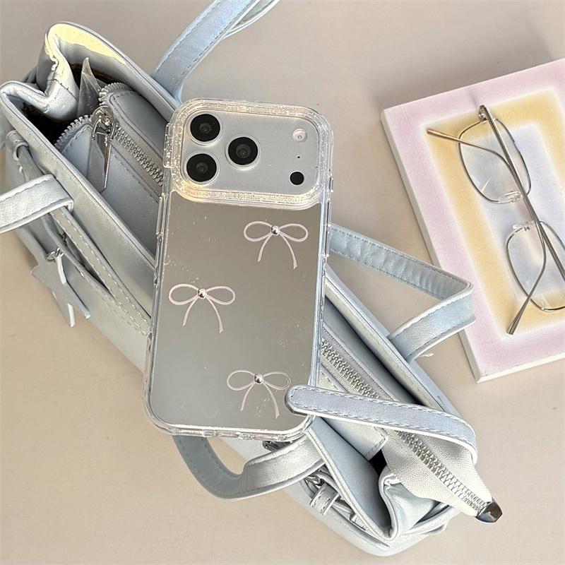 Minimalist Bow Mirror Phone Case For iPhone 17 Pro 16 15 14 Pro Max with Glitter Shockproof 17pro  Protective  Cover Cases