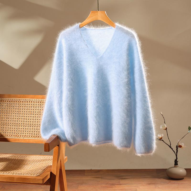 Women's Flocked V-neck Pure Cashmere Knitwear - Cozy Loose-Fit Long Sleeve Sweater for Autumn/Winter