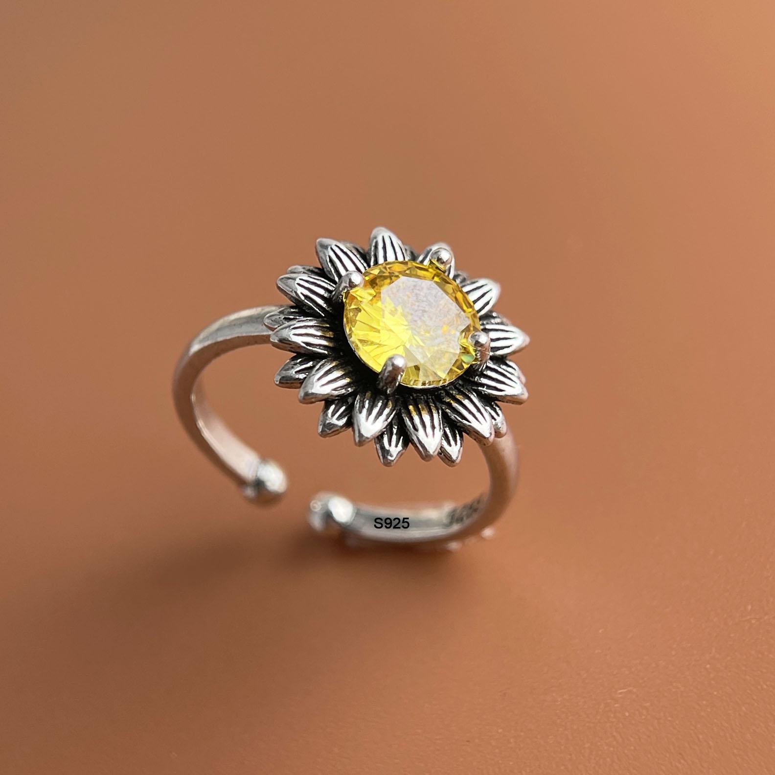 

925 Sterling Silver Rings for Women Couple Minimalist Handmade Simple Yellow FLower Zirco Ring Fine Jewelry Gift Prevent Allergy resizable