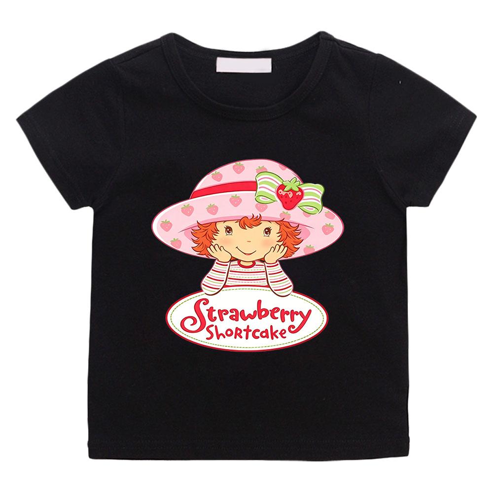 

Cute Strawberry Shortcake T-Shirt for Children Retro Cartoon Print Tees Cotton 100% Short Sleeved Casual O-Neck Kids Tops Summer 100 чёрный