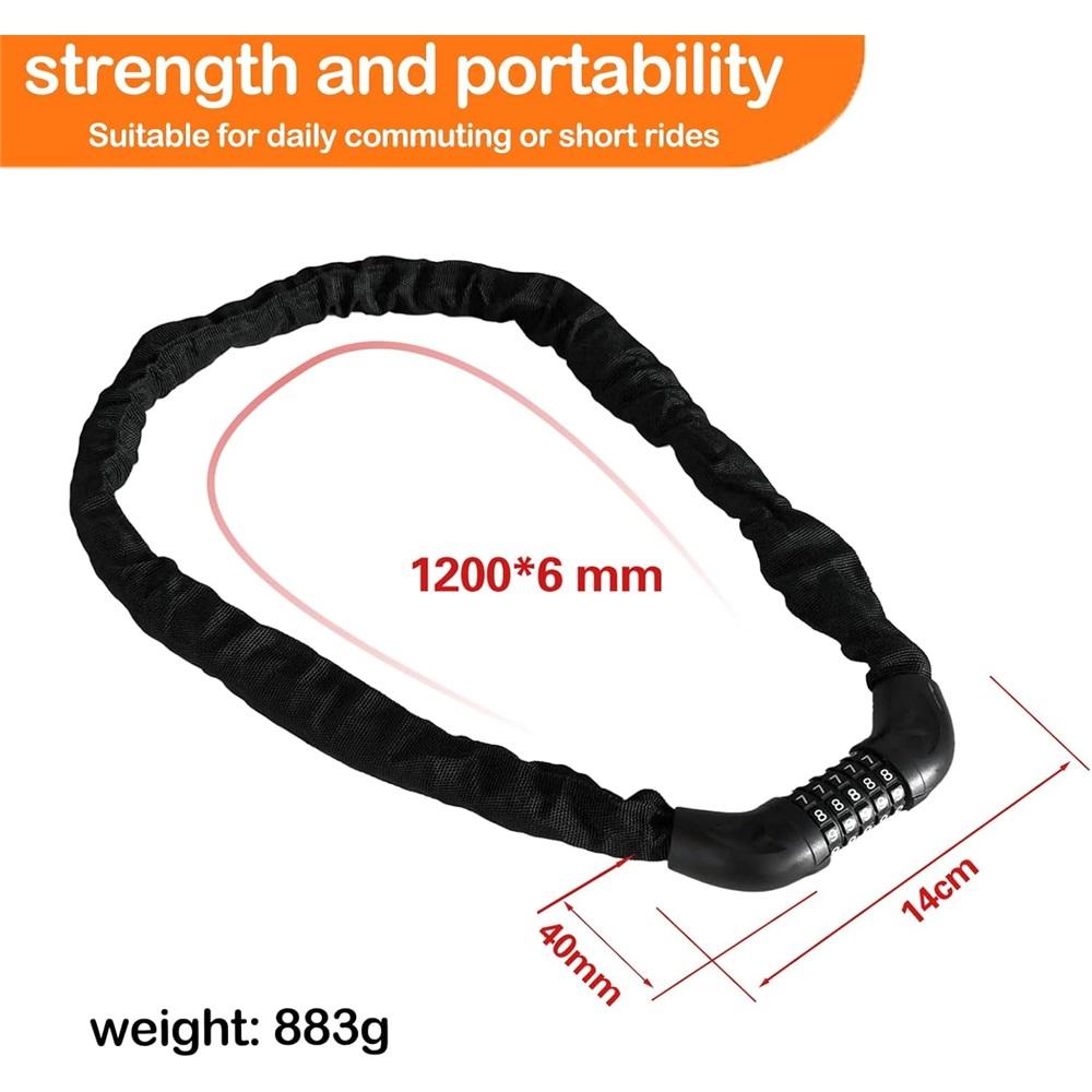 Bicycle Lock Combination, 1.2 Meters X 6mm Heavy-duty Bike Chain Lock with 5-digit Resettable Code—high-security Anti-cut Bicycle Lock