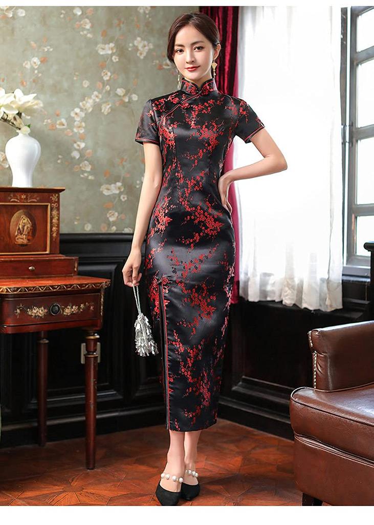TRTRO Long Cheongsam Dress with Embroidered Ethnic Elegant Upgrade Plum Blossom Print In Size Women's Pattern, Fashion, (Red Black, S)