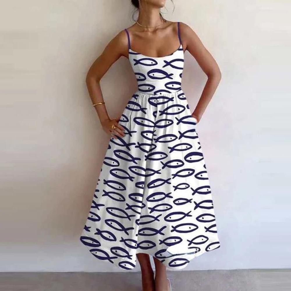 Women s Spaghetti Strap Sleeveless Printed High Waist Elegant A-Line Midi Dress S