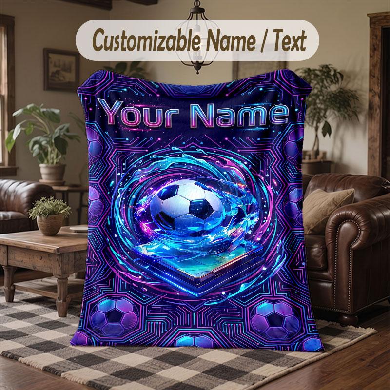 Soccer Theme Throw Blanket Custom Name Text Personalized Blanket Soft Cozy Blanket for Home Sofa Bed