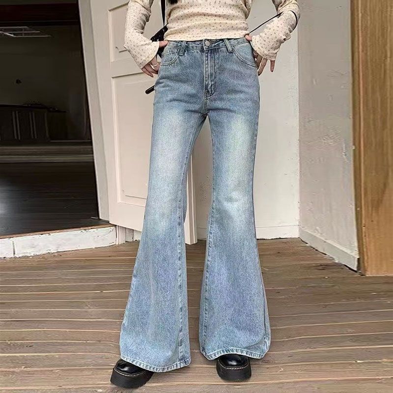 Comfortable Light Blue Micro Flare Jeans Women Spring High Waist Loose Skinny Retro Wide Leg Trailing Trousers Tide Jeans for Women Long Denim Pants