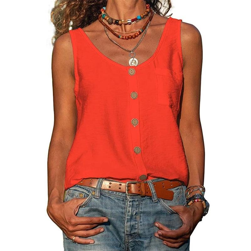 Summer New Solid Color V-neck Vest Button Sleeveless Pocket Tank Top Office Lady Commuter T-shirt Off Shoulder Simple Blouse