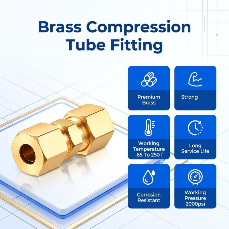 1/4inch Compression Tube Couplings with Nut, Sleeve, and Insert Body, Solid Brass 4 Pack for Joining Water, Air, and Low-Pressure Fluid Lines