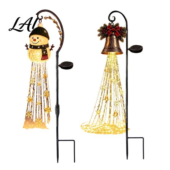 Metal Iron Garden Art Ornaments Solar Powered Christmas Light Outdoor Stake Festive Scene Decor Star Snowflake Waterfall String Lamp Holiday