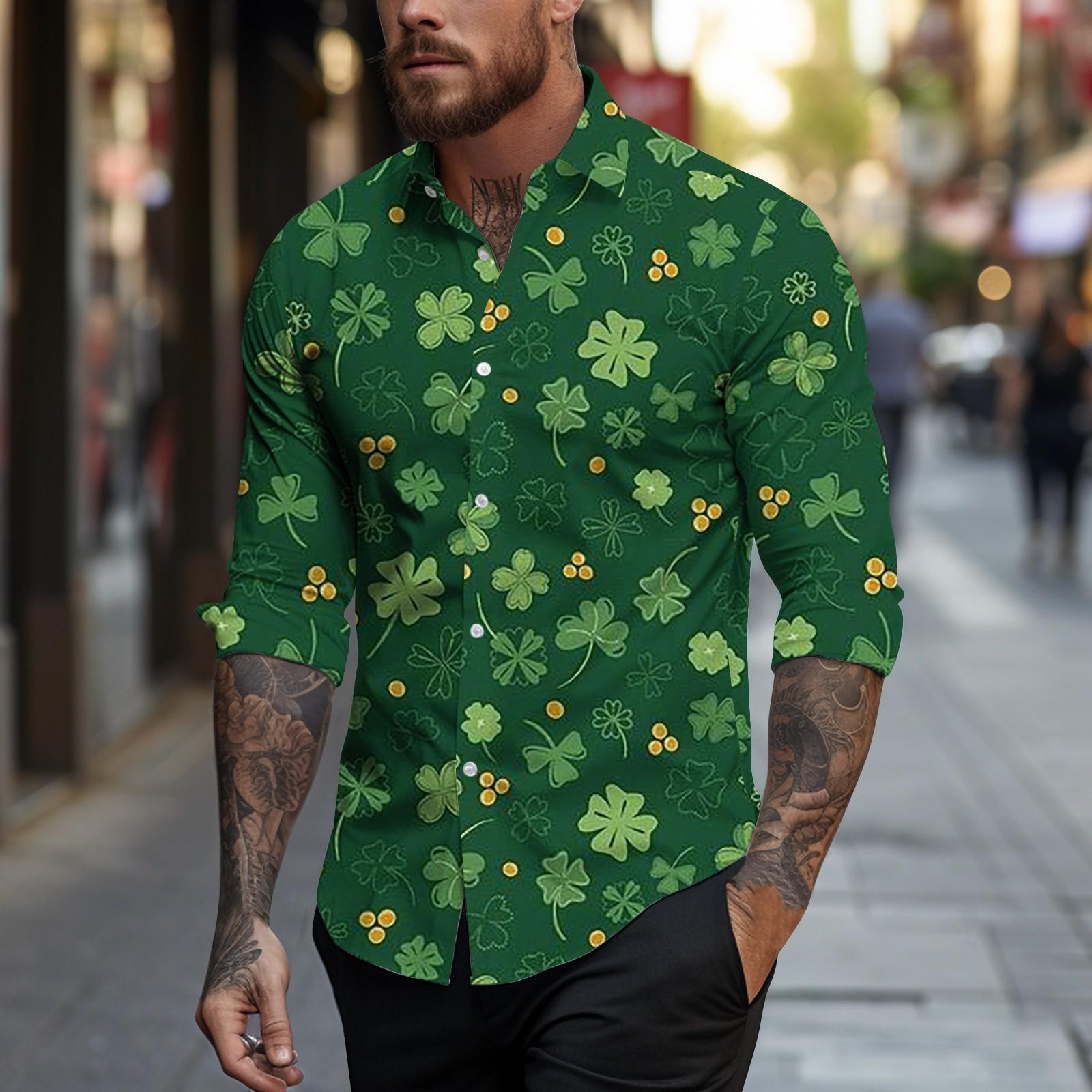 

Мужская повседневная одежда весна-лето St. Мужская рубашка с длинным рукавом и принтом ко Дню Святого Патрика, мужской топ XL