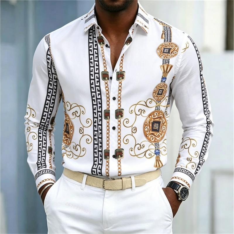 New Men's Shirt Palace Style Shirt Black Gold Pattern Printed Slimming Long Sleeve Shirt Trendy Fashion Casual Men's Wear