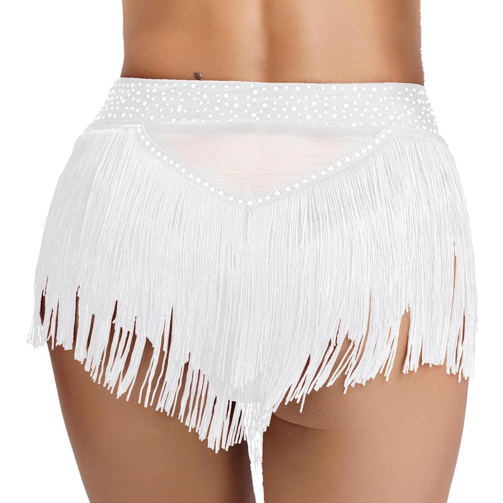 Rhinestone Tassel Belly Dance Shorts for Women Sheer Mesh High Elastic Briefs Underwear for Samba Stage Performance